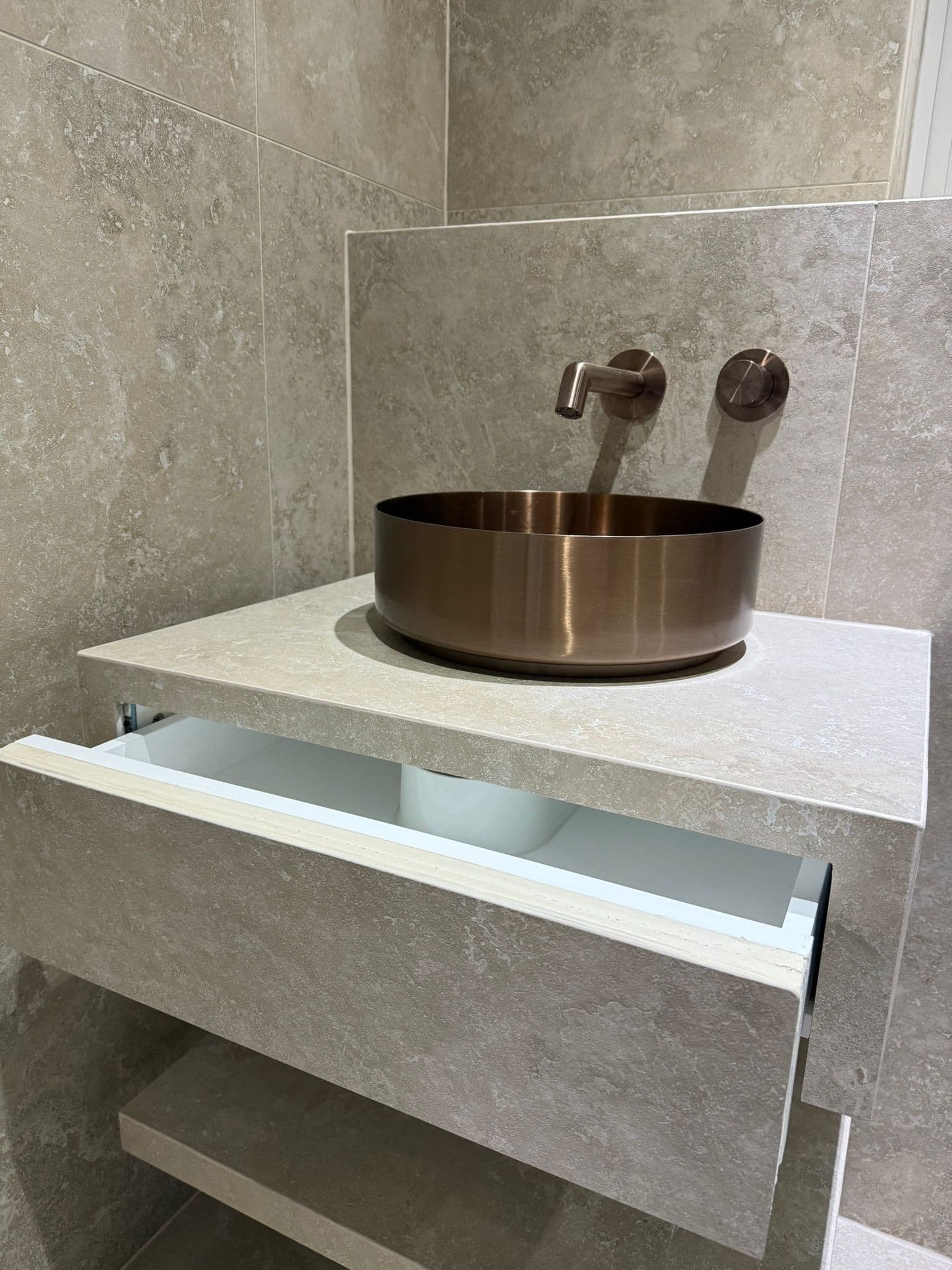 Beauty Space bathroom in Sprotbrough with bespoke vanity and bronze details