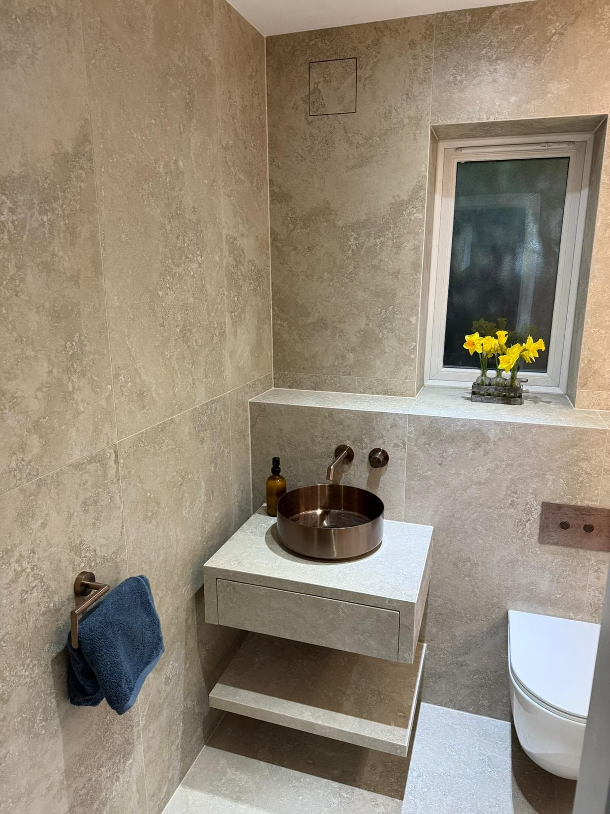 Beauty Space bathroom in Sprotbrough with bespoke vanity and bronze details