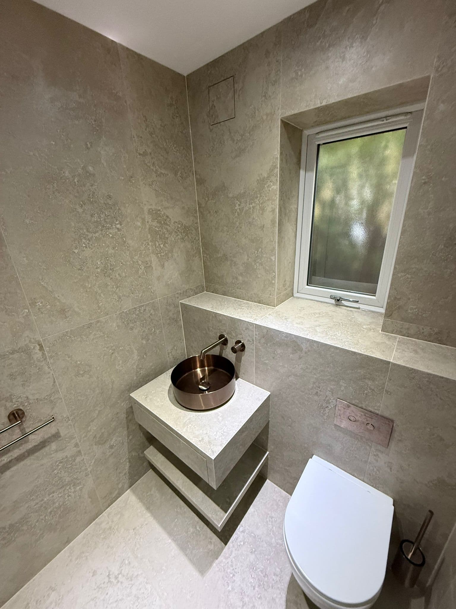 Beauty Space bathroom in Sprotbrough with bespoke vanity and bronze details