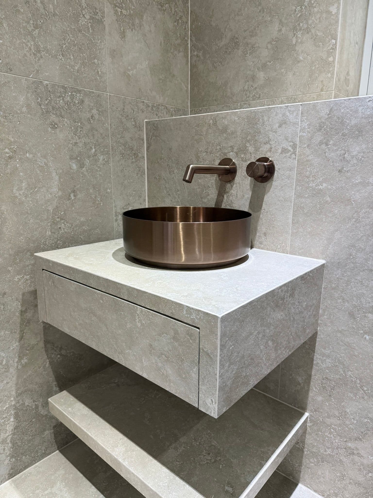 Beauty Space bathroom in Sprotbrough with bespoke vanity and bronze details