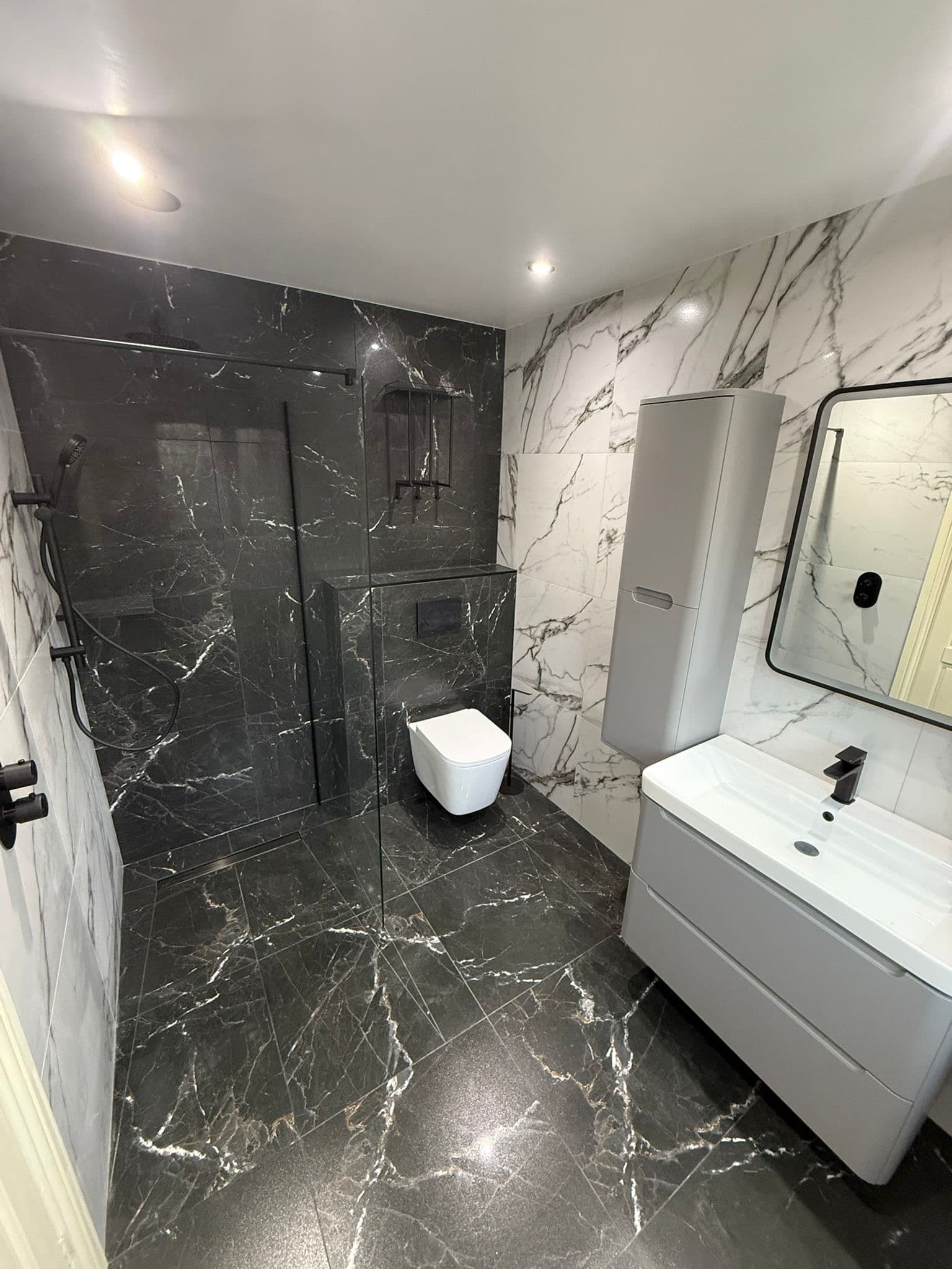 Retford wetroom with matt black fittings and walk-in shower