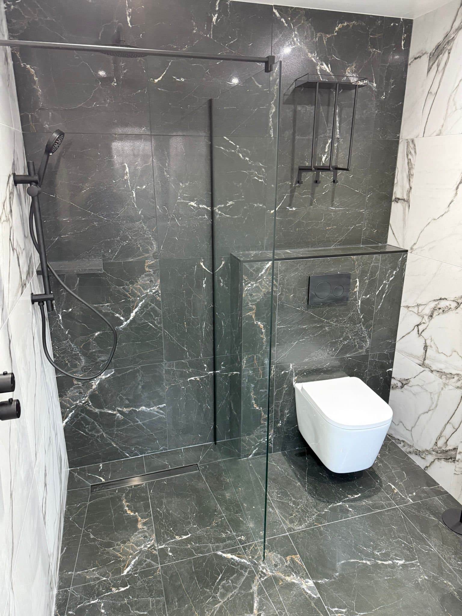 Retford wetroom with matt black fittings and walk-in shower
