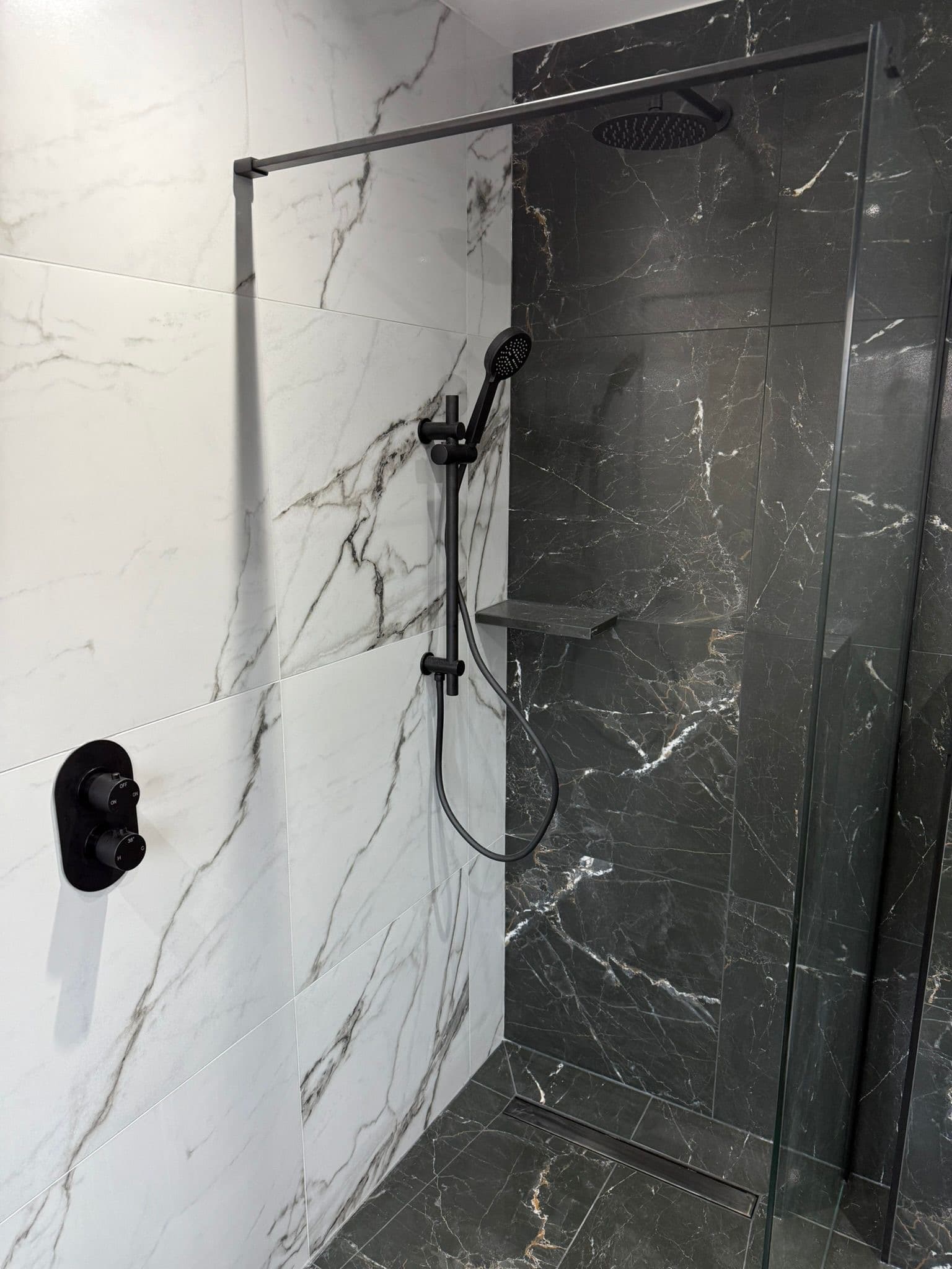 Retford wetroom with matt black fittings and walk-in shower