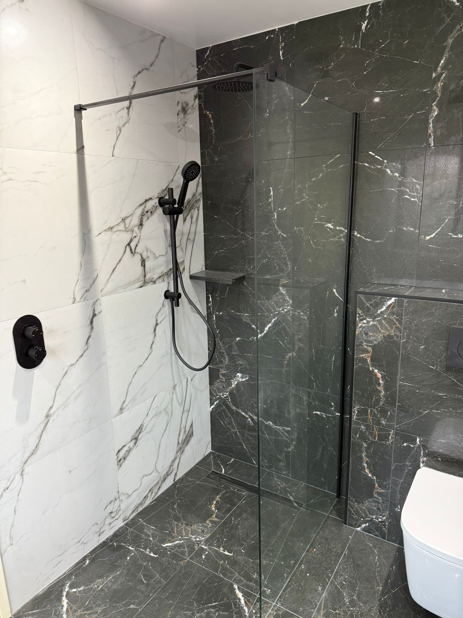 Retford wetroom with matt black fittings and walk-in shower